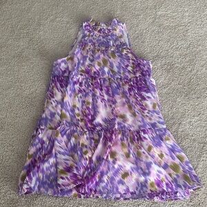 Entro Purple White Green Design Relaxed High Neck Sleeveless Dress Ruffle Detail